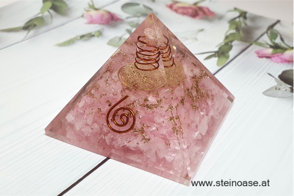 Orgonit Pyramide: Rosenquarz & Blume des Lebens & Herkimer Kristall & Spirale